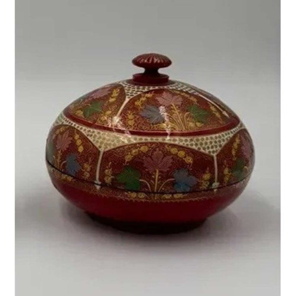 Vintage Kashmiri Papier Mache Lidded Trinket Box Red Floral Gold Lacquer 4.5"